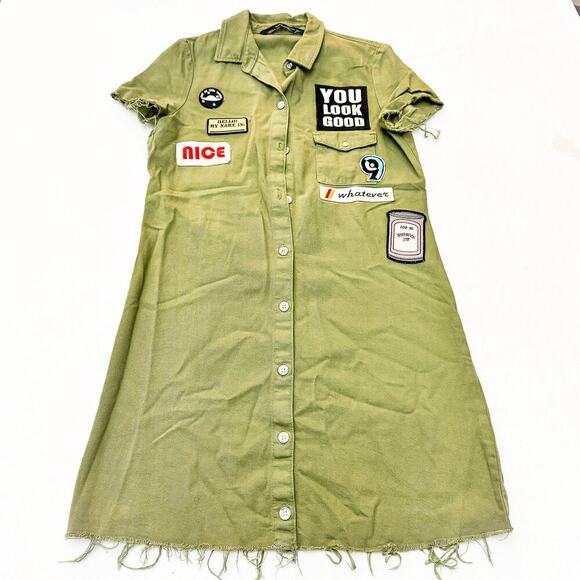 Zara Dresses & Skirts - Zara Graphic Patchwork Button Down Military Shirt Dress Khaki Green SIze X-Small